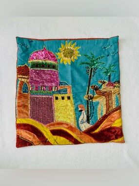 Camel Company Pillow Cover 17”x 17” Colorful Beaded Desert Camels Artsy Dubai
